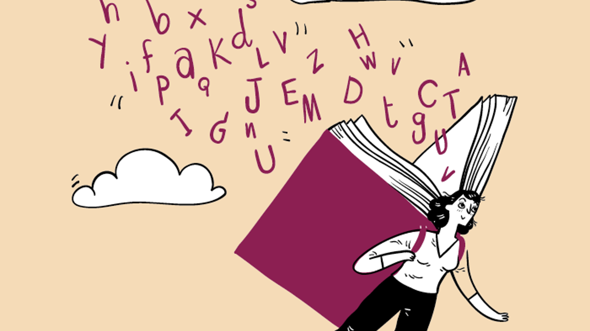 Tegning af pige der flyver med en bog på ryggen og bogstaver flyer omkring hende