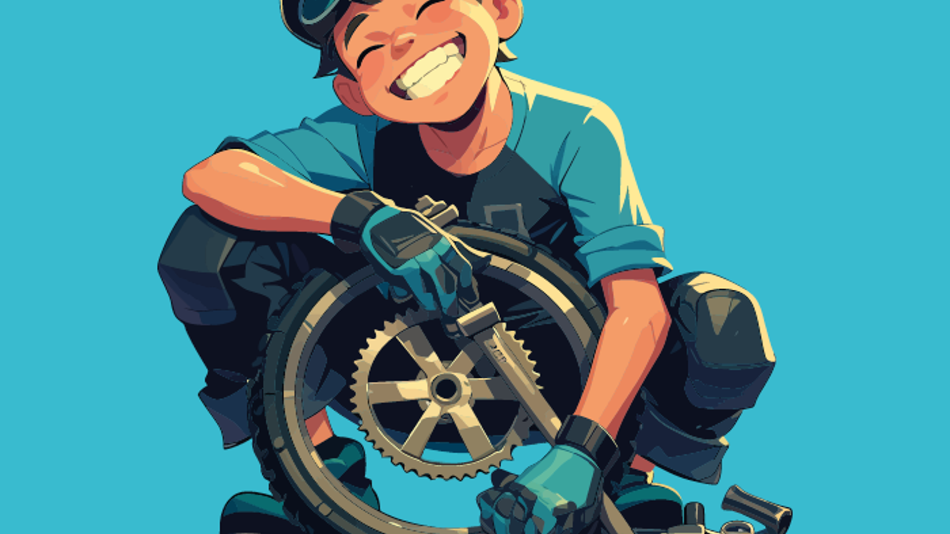 Tegning af dreng der sidder med et hjul og værktøj - mekaniker