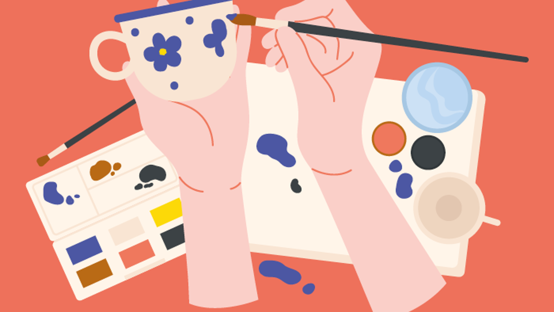 Tegning af hænder der maler på keramik