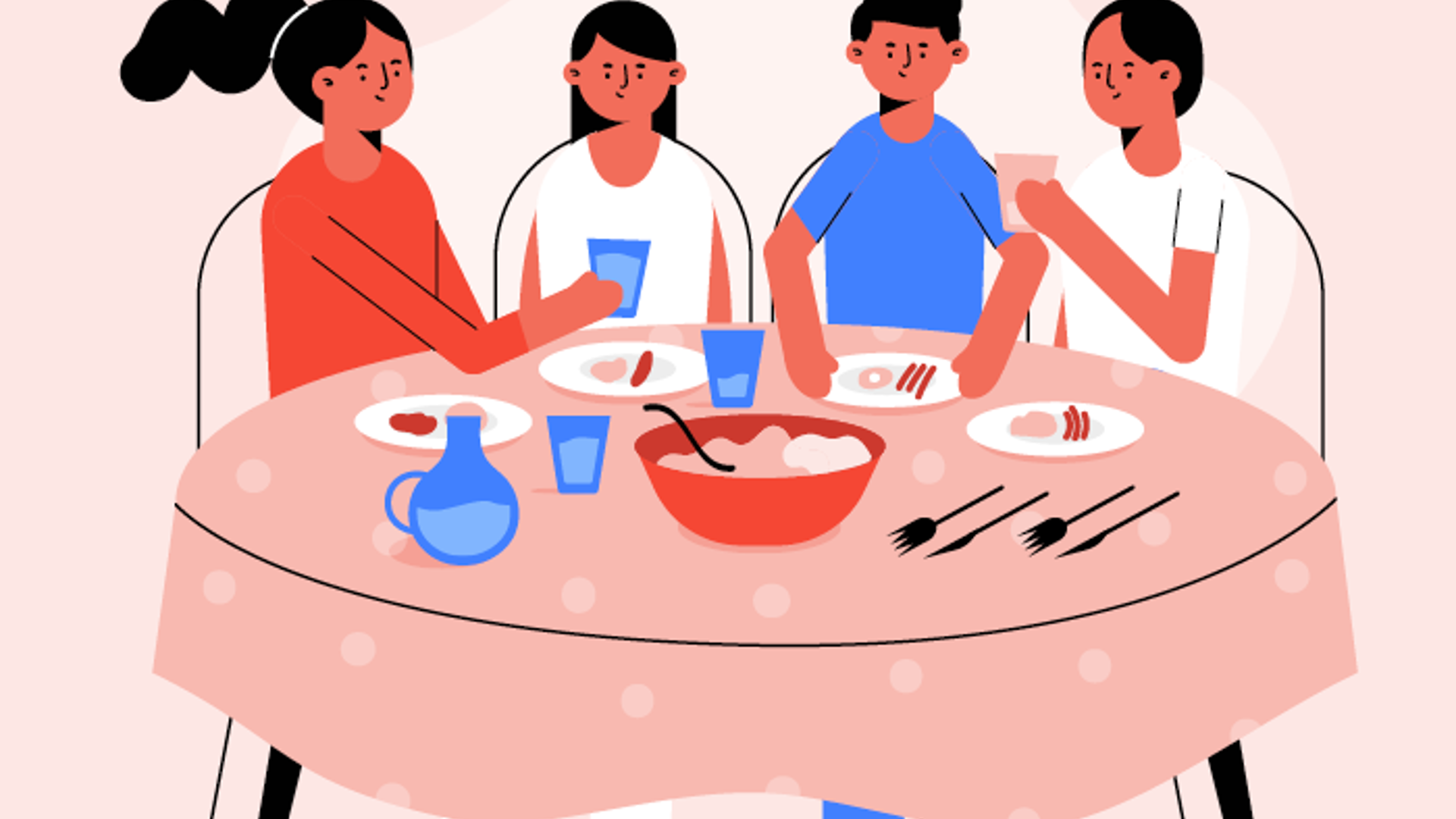 tegning af 4 der sidder rundt om et spisebord og spiser og hygger
