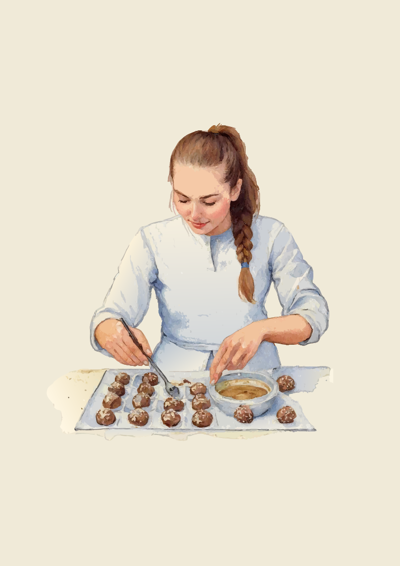 Tegning af pige der dypper konfekt i chokolade