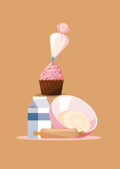 Tegning af cupcakes og sprøjtepose, skål med dej, mælk og kagerulle