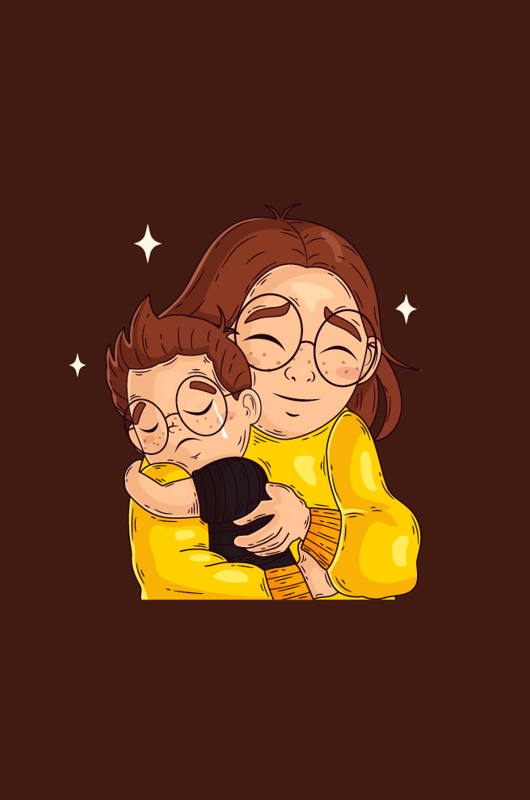 Tegning af pige der trøster en dreng