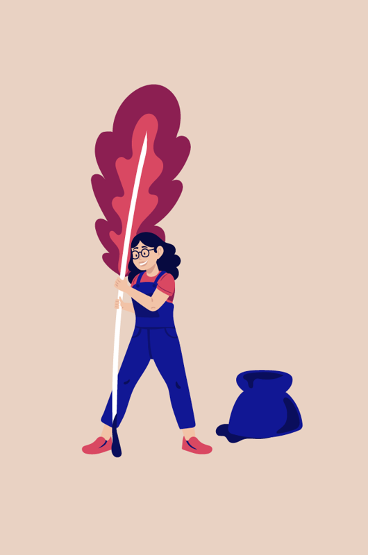 Tegning af pige der står med en fjerpen og blækhus