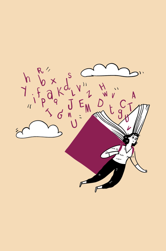 Tegning af pige der flyver med en bog på ryggen og bogstaver flyer omkring hende