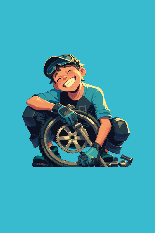 Tegning af dreng der sidder med et hjul og værktøj - mekaniker