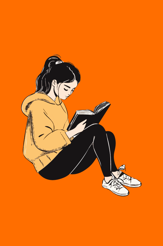 Tegning af pige der sidder og læser