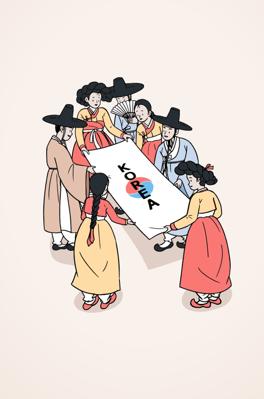 7 mennesker i nationaldragter står om et koreansk flag