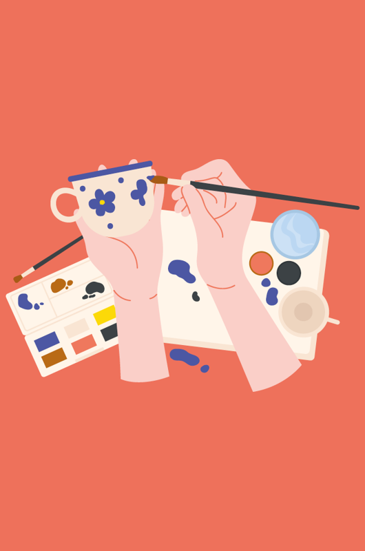 Tegning af hænder der maler på keramik