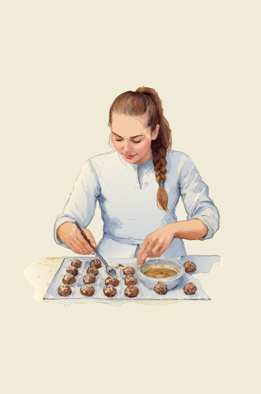 Tegning af pige der dypper konfekt i chokolade