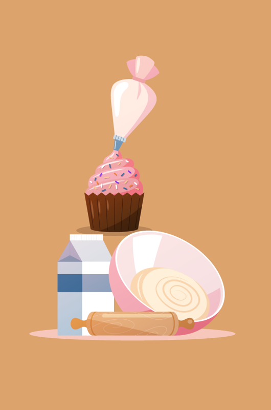 Tegning af cupcakes og sprøjtepose, skål med dej, mælk og kagerulle