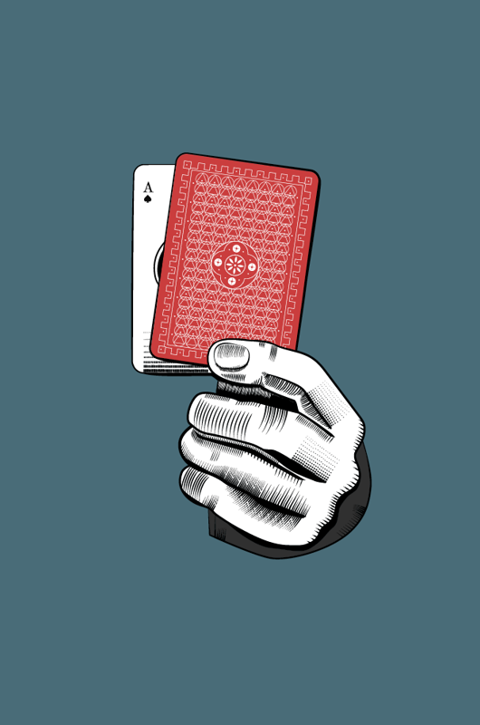 Hånd stikker ud af baggrunden og viser 2 spillerkort