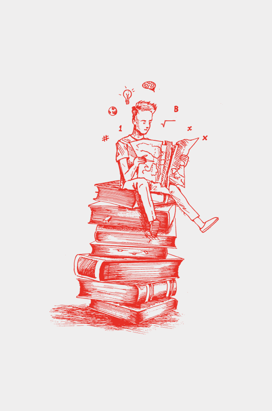 Dreng sidder på en masse bøger og læser 