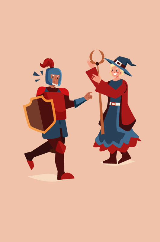 Tegning af 2 udklædte - kriger og heks