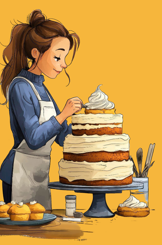 Tegning af pige der står og dekorere en lagkage