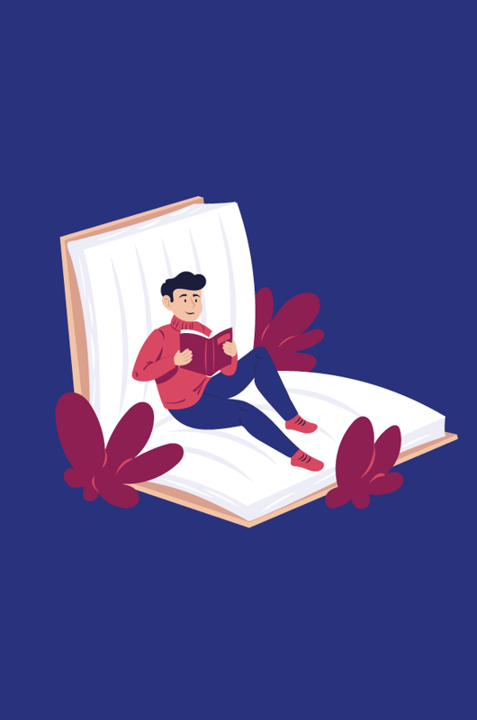 Tegning af dreng der sidder på en bog og læser