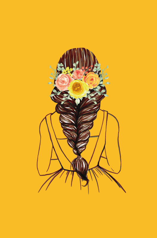 Tegning af pige set bagfra med en fletning og blomster i håret