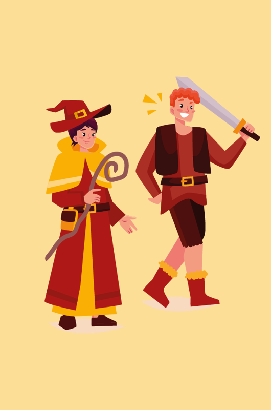 Tegning af troldmand og kriger - rollespil