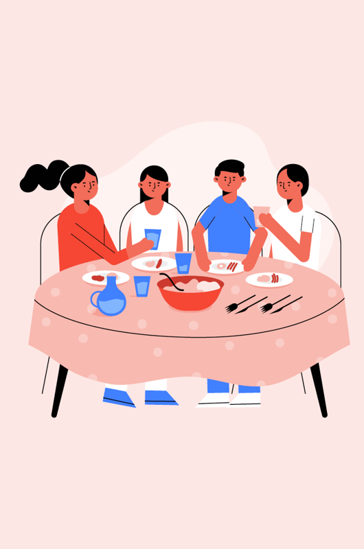 tegning af 4 der sidder rundt om et spisebord og spiser og hygger