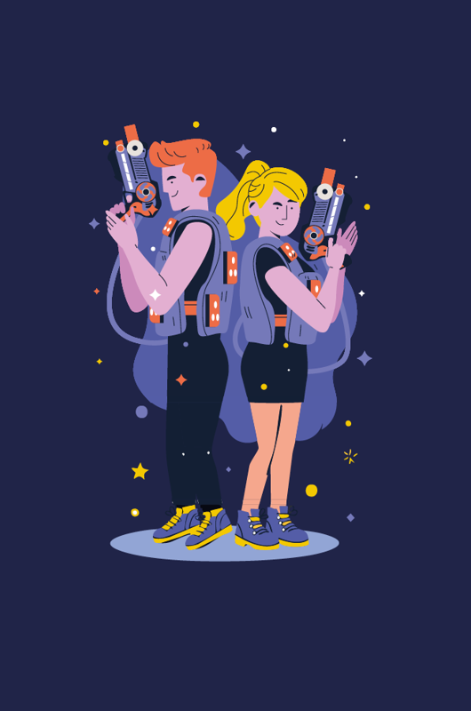 Tegning af dreng og pige der spiller lasergame