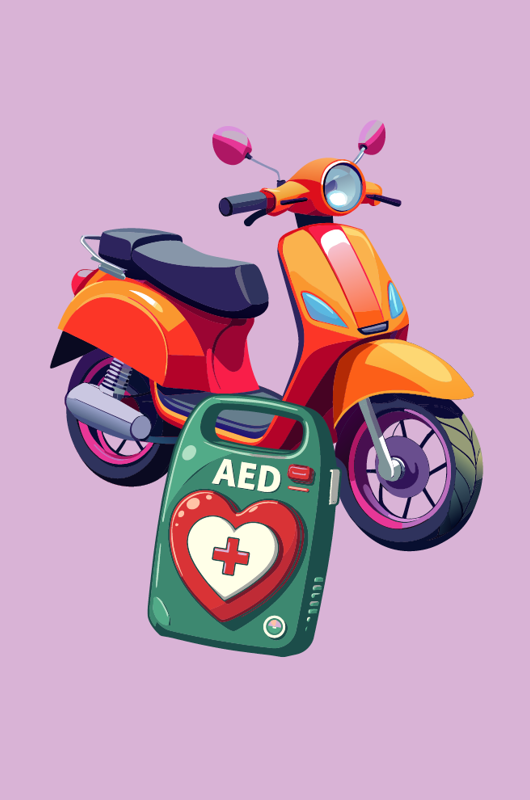 Tegning af knallert og hjertestarter