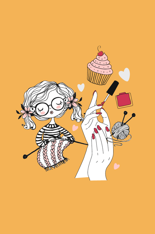 Tegning af pige der strikker, hænder med neglelak og cupcakes